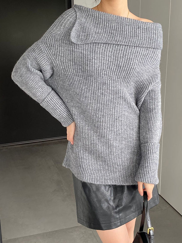 xakxx Long Sleeves Loose Solid Color Off-The-Shoulder Knitwear Pullovers Sweater