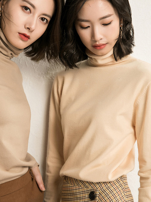 xakxx Simple Loose Long Sleeves Solid Color High-Neck Sweater Tops