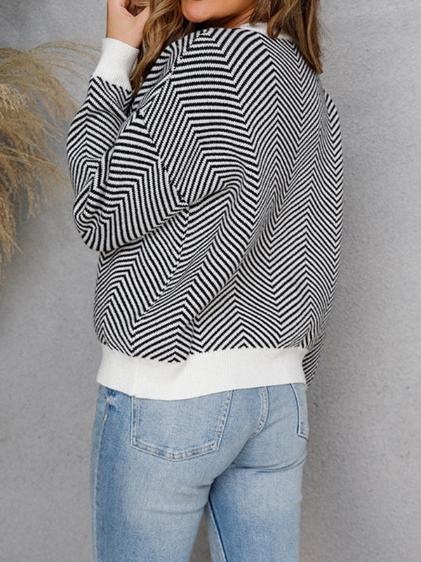 xakxx Long Sleeves Loose Striped Round-Neck Knitwear Pullovers Sweater Tops