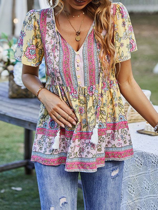 xakxx Loose Short Sleeves Buttoned Flower Print Split-Joint Tasseled Tied V-Neck T-Shirts Tops