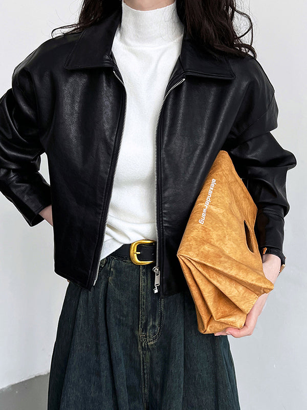 xakxx Long Sleeves Loose Solid Color Zipper Lapel Collar Jackets&Coats Outerwear