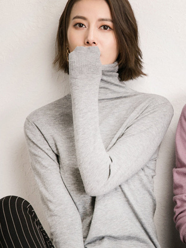 xakxx Simple Loose Long Sleeves Solid Color High-Neck Sweater Tops