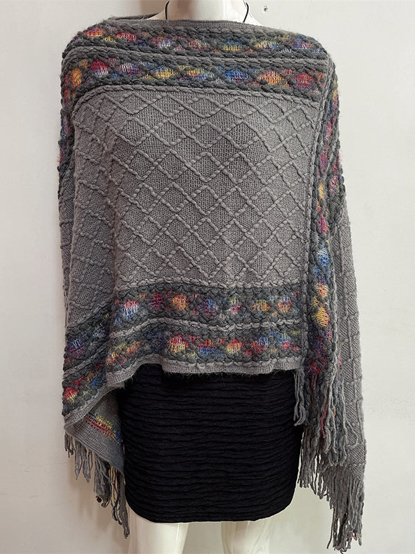 xakxx Loose Asymmetric Tasseled V-Neck Cape Shawl&Cloak