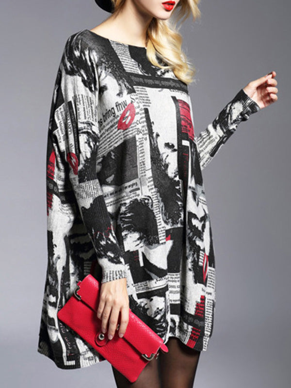 xakxx Long Sleeves Loose Letter Print Printed Round-Neck Knitwear Pullovers Sweater Tops