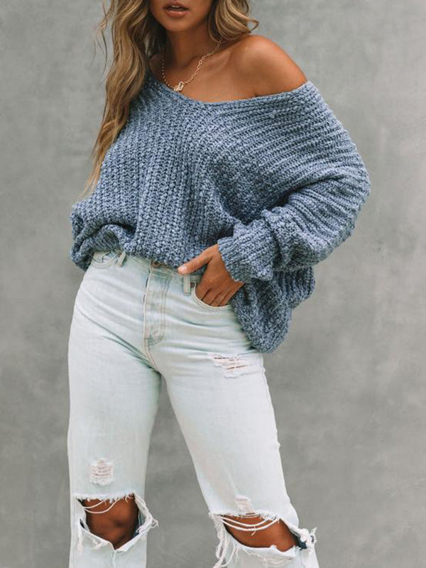 xakxx Long Sleeves Loose Solid Color V-Neck Knitwear Pullovers Sweater Tops