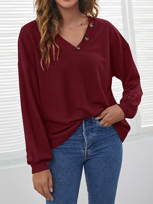 xakxx Long Sleeves Loose Buttoned V-Neck T-Shirts Tops