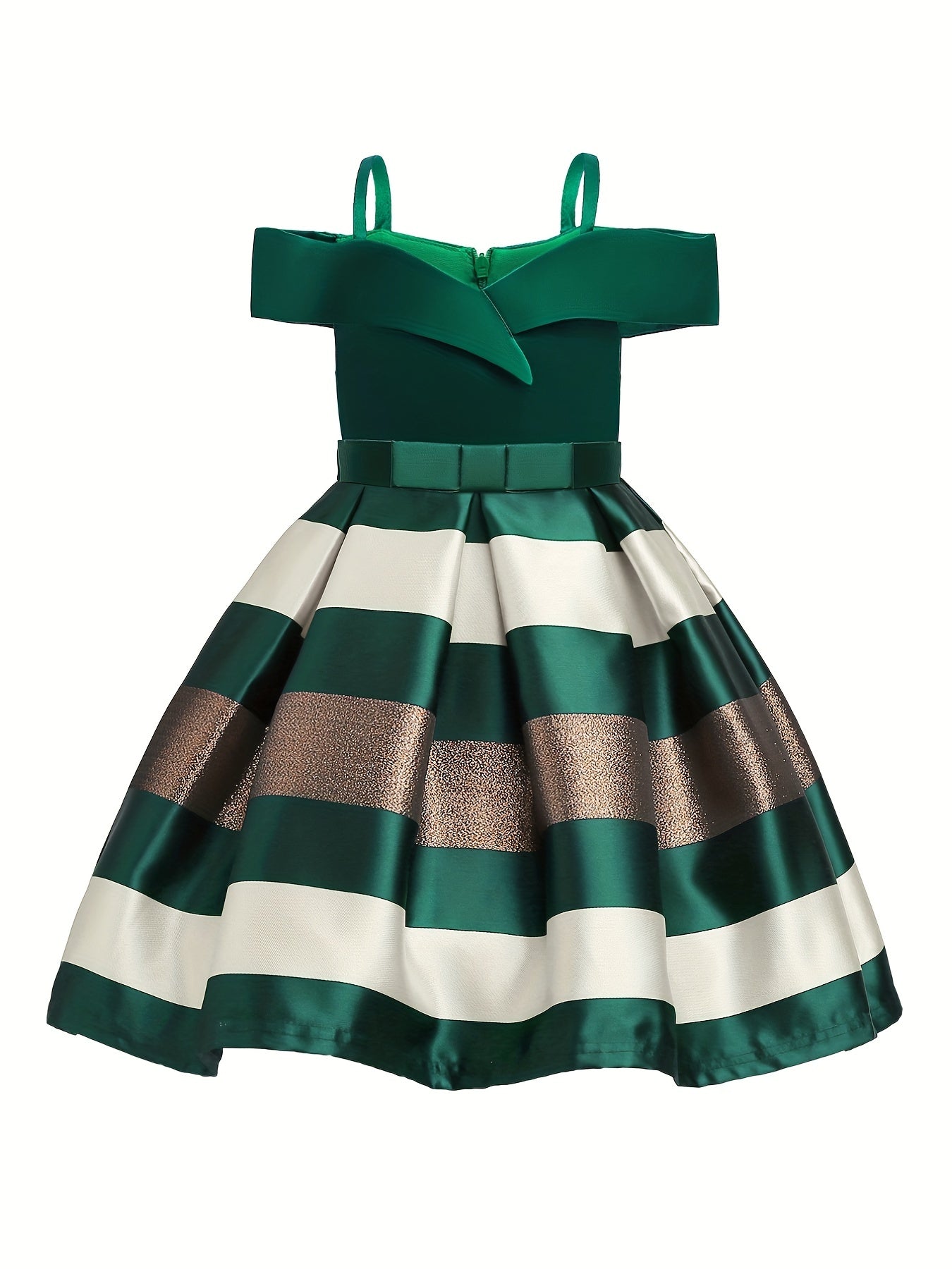 Knee-High Off-the-Shoulder Color Block Pleated Princess Dress for Girls - Sleeveless, Flared Hem, Cotton Lined, Non-Stretch Polyester Fabric, Hand Wash Only - Perfect for Piano Performance, Wedding, Birthday Party, and Evening Occasions