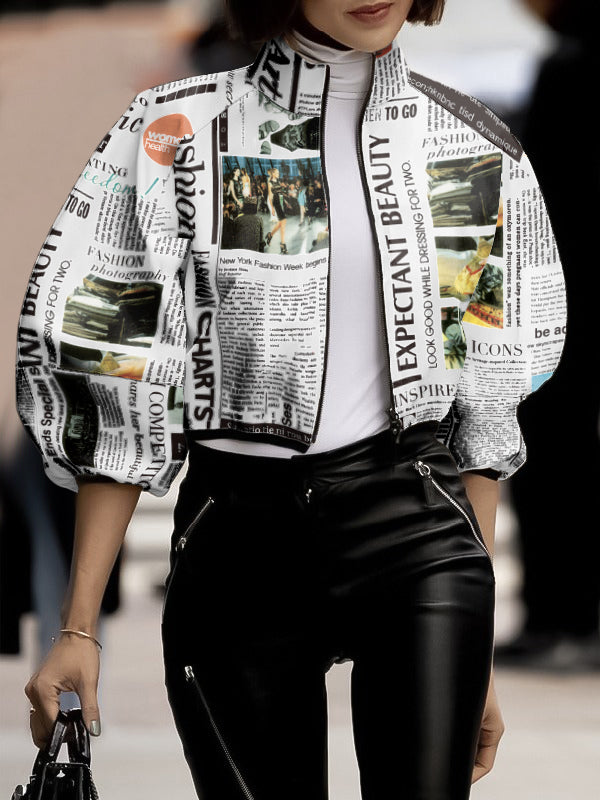 xakxx Loose Puff Sleeves Letter Print Stand Collar Outerwear