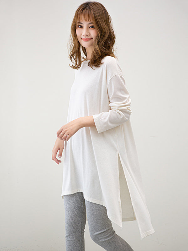 xakxx Casual High-Low Long Sleeves Solid Color Round-Neck T-Shirts Tops