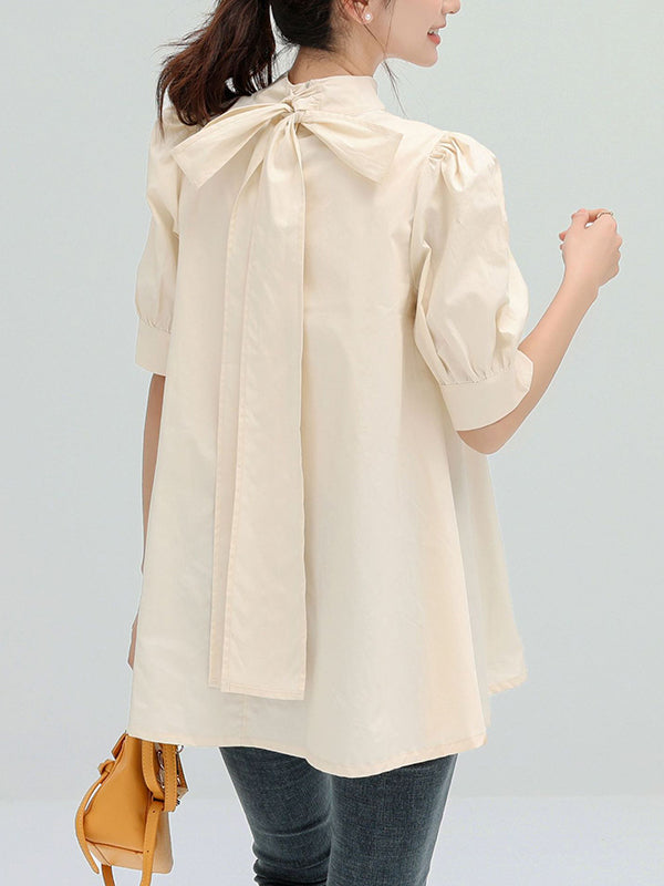 xakxx Casual Loose Bow-Embellished Solid Color Blouse