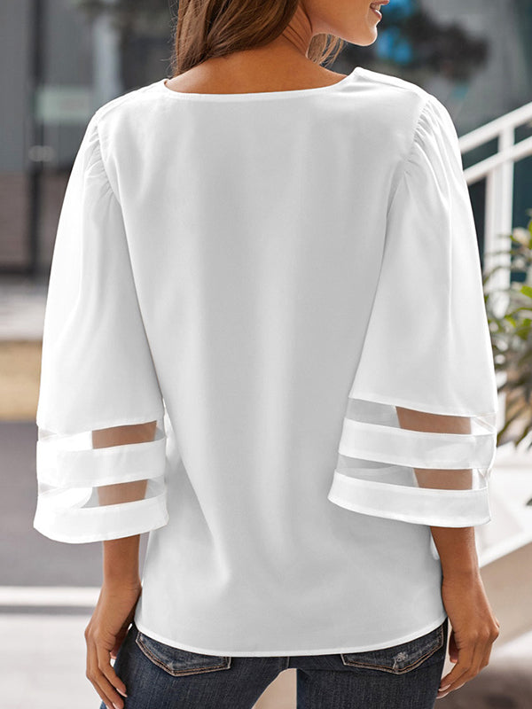 xakxx Loose Solid Color Split-Joint V-Neck T-Shirts Tops