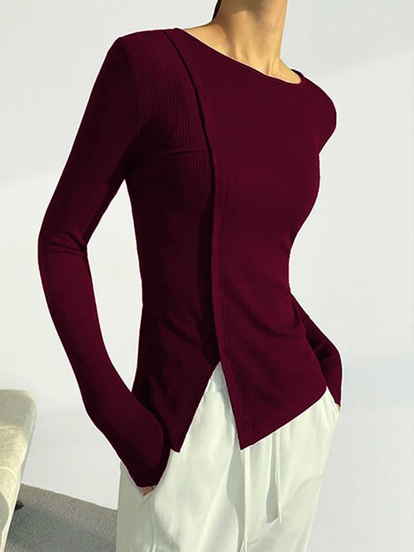 xakxx Skinny Solid Color Split-Joint Split-side Round-neck T-shirts