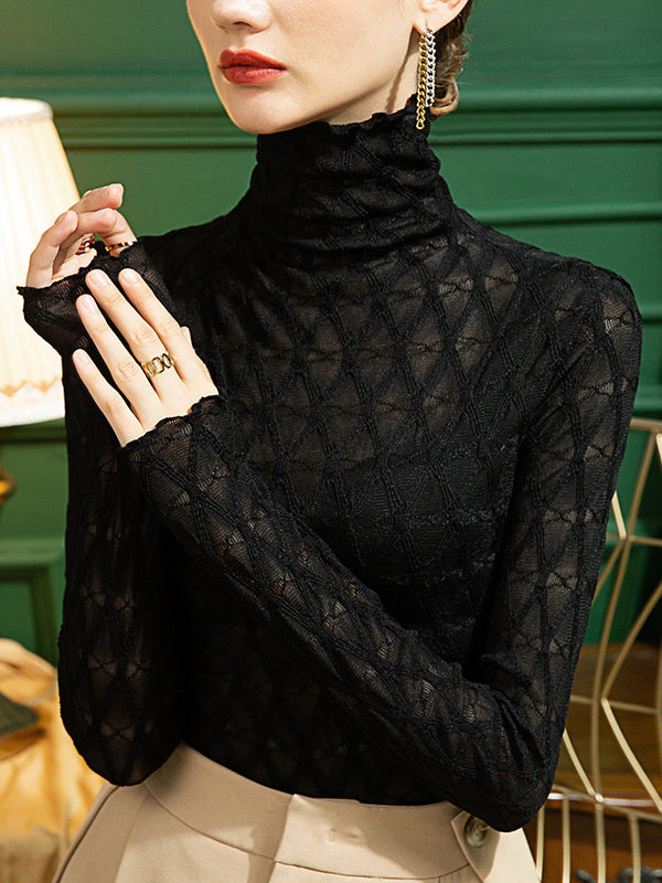 xakxx Stylish Lace Skinny Falbala Checkered High-Neck T-Shirts Tops