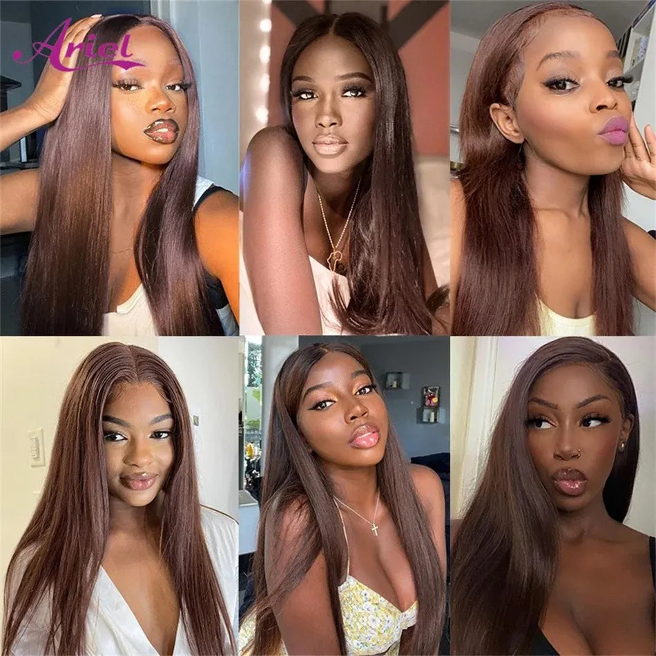 13x4 HD Glueless Straight Lace Front Wigs Human Hair Preplucked Chocolate Brown Colored Transparent Lace Frontal Wig Human Hair
