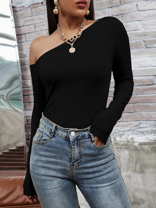 xakxx Long Sleeves Skinny Solid Color One-Shoulder T-Shirts Tops