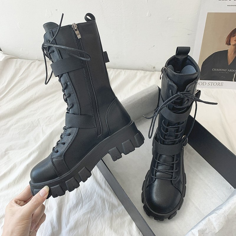 Purpdrank - Women's Shoes New Spring Style Platform Comfortable Boots Zipper Casual Mid-Calf Round Toe Flat with Boots Femmes Bottes