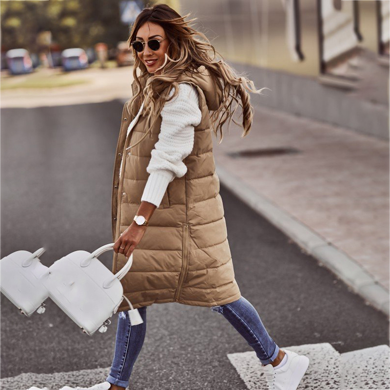 Xakxx - Warm Winter Women Long Vests Fashion Hooded Sleeveless Casual Lady Brief Outwear Vest Blouse Shirts Coat Femme Sweatshirt