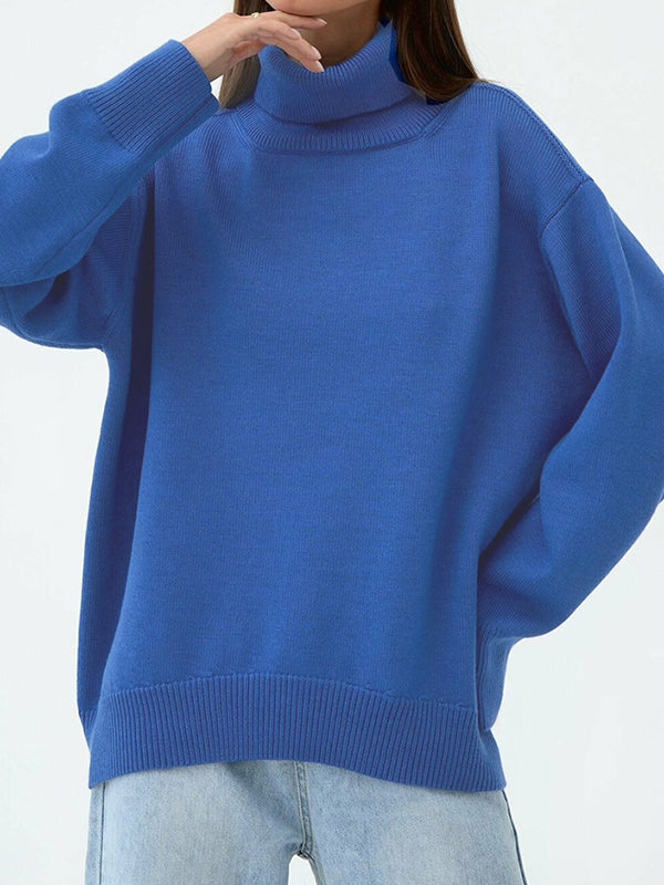 xakxx Long Sleeves Loose Solid Color High Neck Knitwear Pullovers Sweater Tops