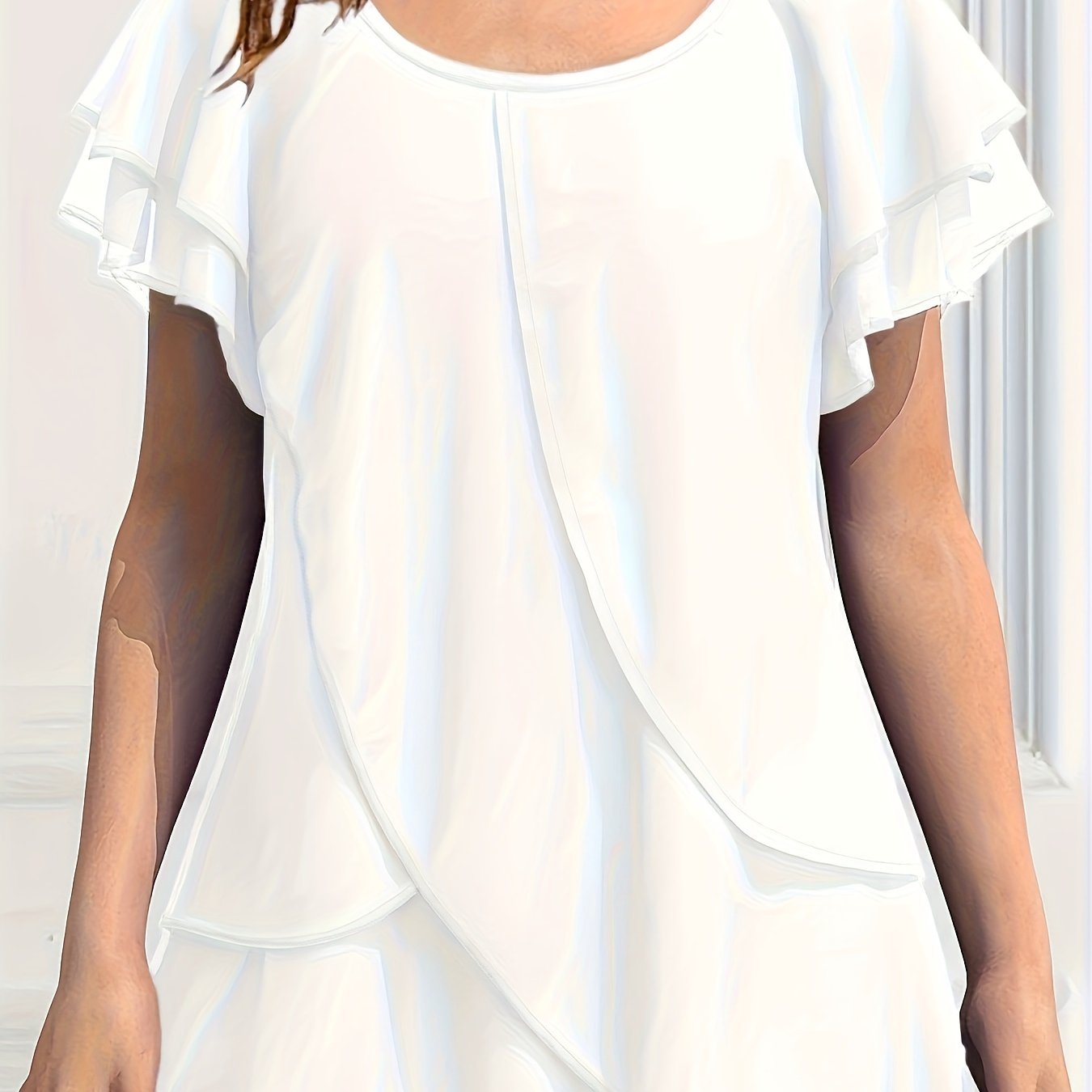 Vibrant Color Crew Neck Blouse - Ruffled Sleeve, Layered, Casual, Spring & Summer Essential - Women's Clothing for Everyday Wear