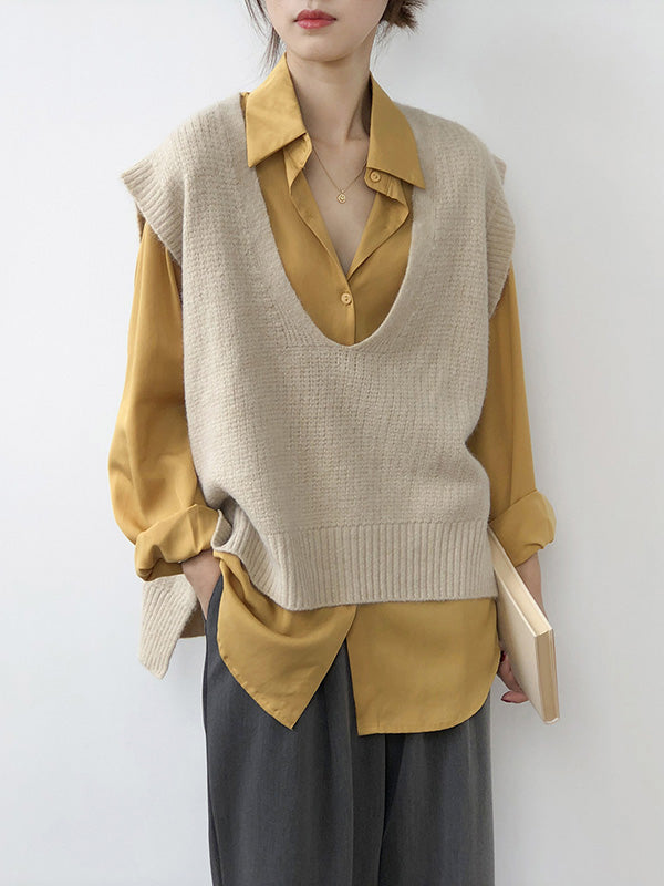 xakxx Knitting Irregularity Solid V-Neck Vest