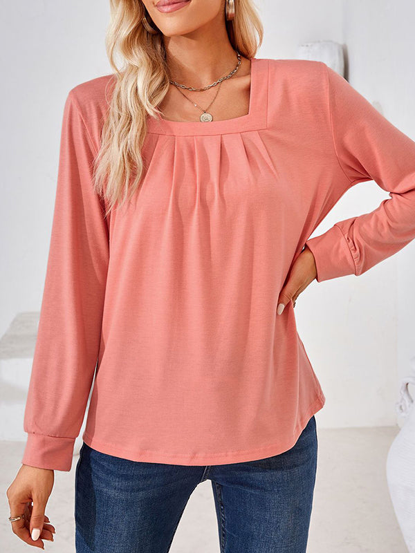 xakxx Long Sleeves Loose Pleated Solid Color Square-Neck T-Shirts Tops
