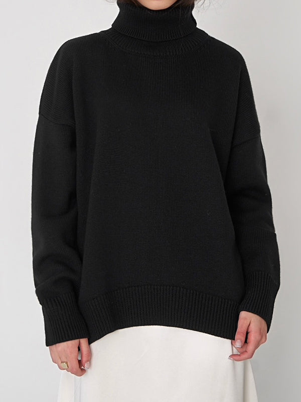 xakxx Long Sleeves Loose Solid Color High Neck Knitwear Pullovers Sweater Tops