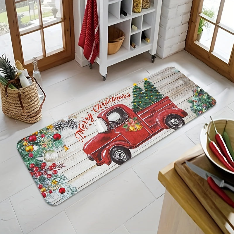 1pc Christmas Car Bathroom Absorbent Floor Mat, Merry Christmas Quick-drying Floor Mat, Christmas Tree Non-slip Floor Mat, Hallway Balcony Polyester Rug, Entrance Door Mat, Christmas Decorative Rug, Washable Home Operated Rug Hallway Laundry Room