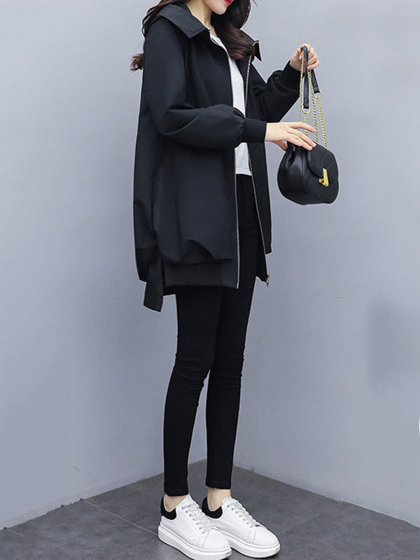 xakxx Casual Loose 4 Colors Pleated Zipper Hooded Long Sleeves Outwear