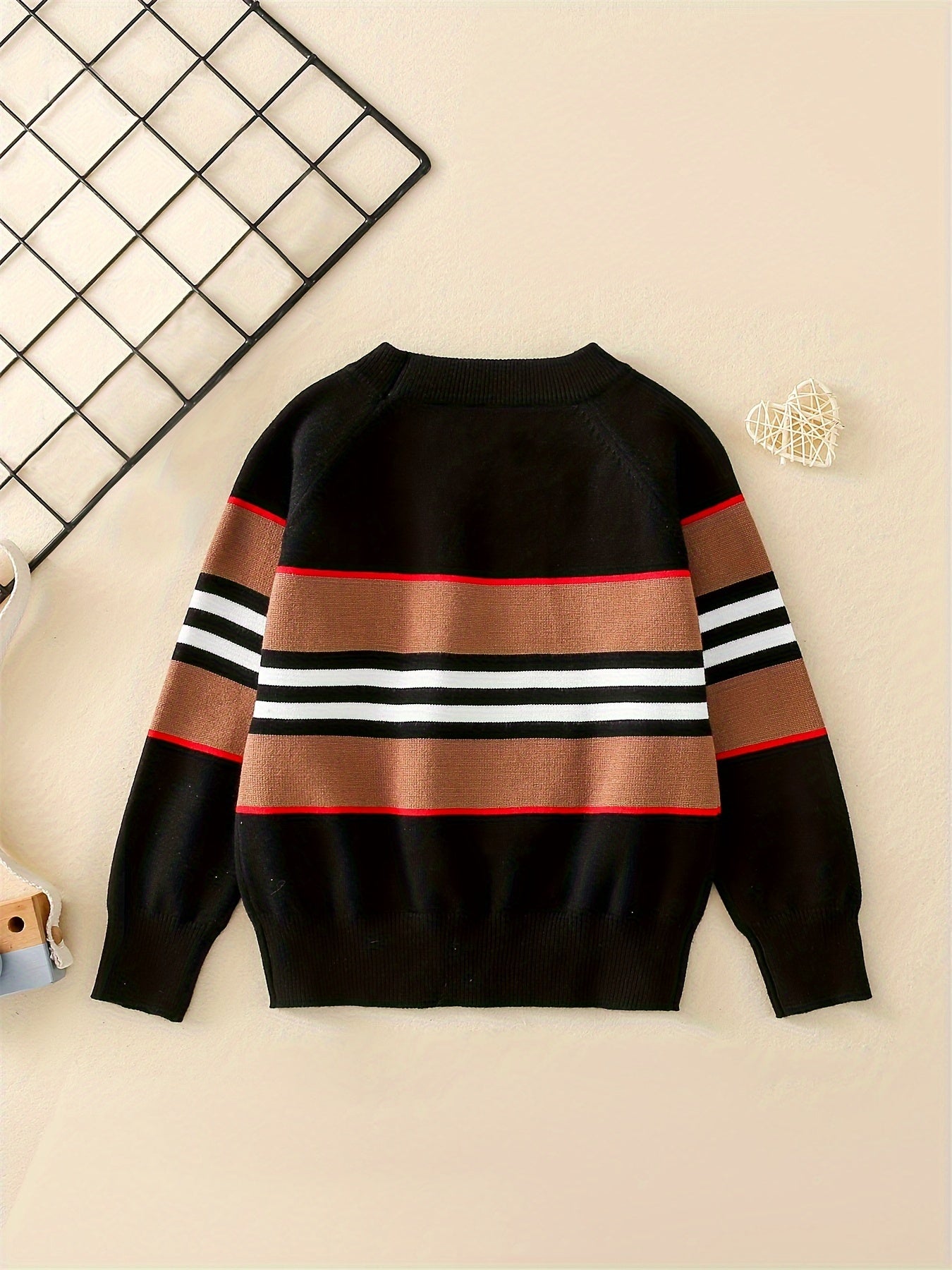 Baby's Casual Color Block Pattern Sweater, Knitted Long Sleeve Top, Toddler & Infant Boy's Clothing For Fall Winter