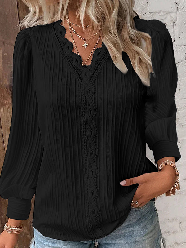 xakxx Long Sleeves Loose Hollow Solid Color V-Neck T-Shirts