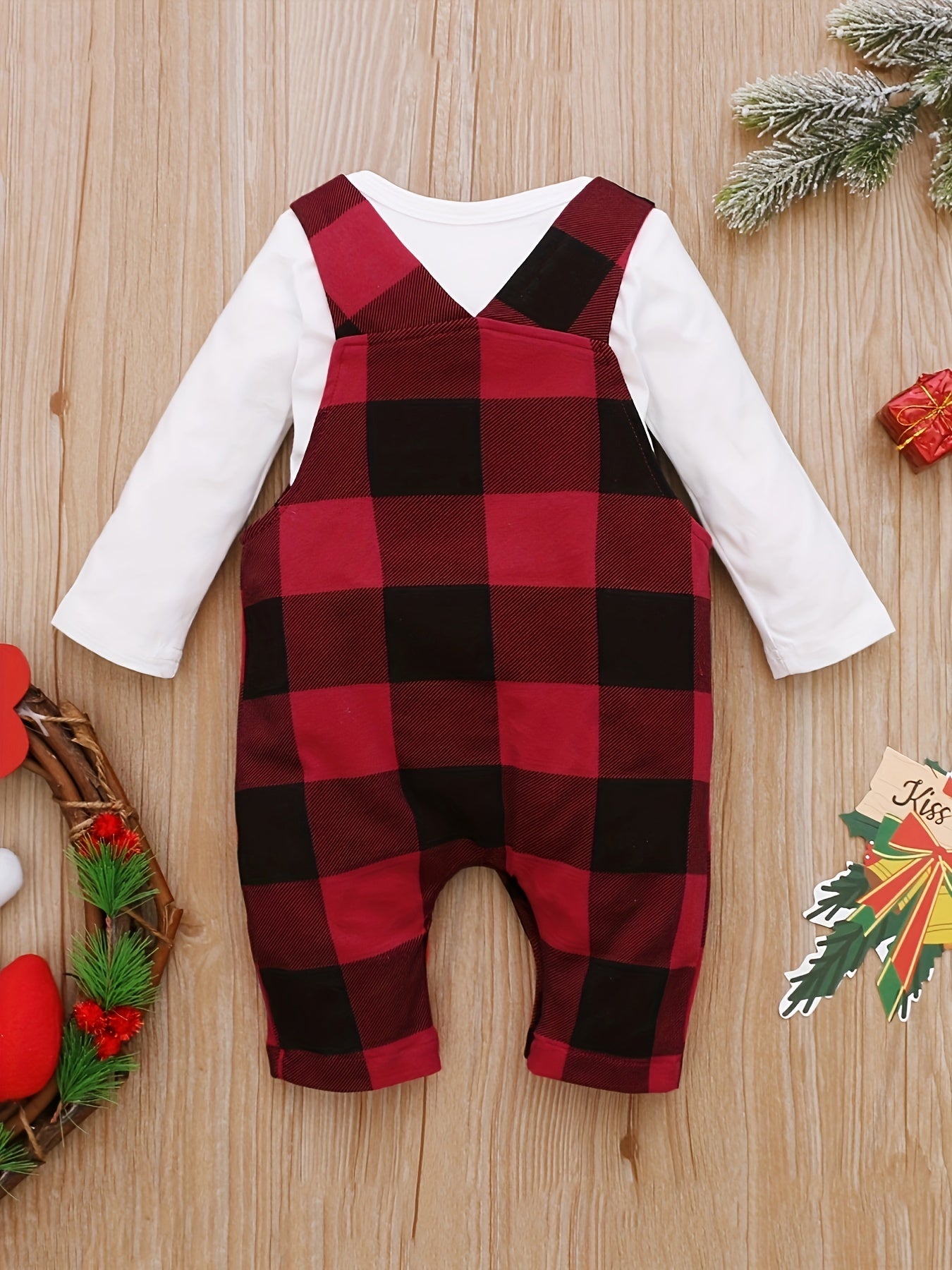 2pcs Baby Boys Christmas Gentlemen's Letter Embroidered Jumpsuit&Santa Claus Head Letter Embroidered Checkered Backband Pants Set