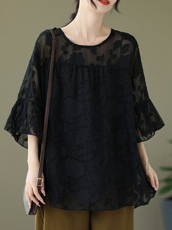 xakxx Loose Short Sleeves Falbala Pleated See-Through Split-Joint Round-Neck T-Shirts