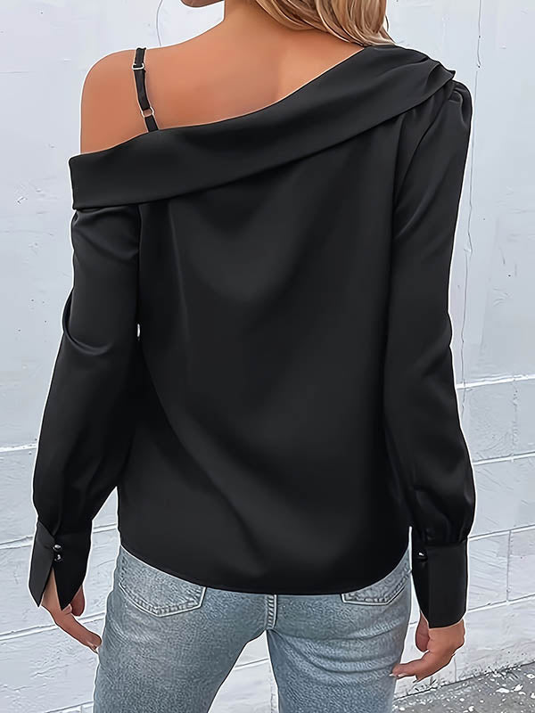 xakxx Long Sleeves Loose Asymmetric Solid Color One-Shoulder T-Shirts Tops