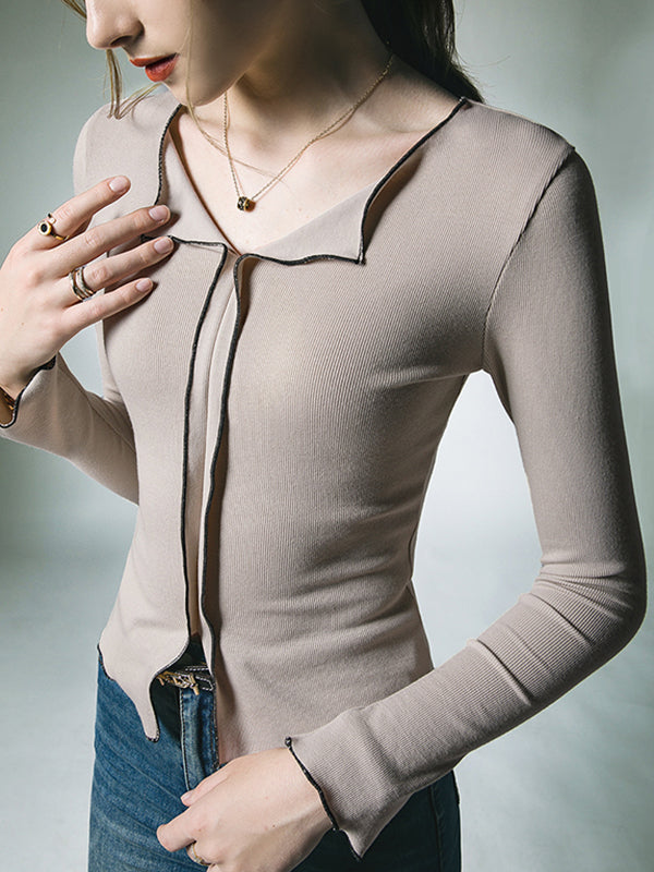 xakxx Long Sleeves Skinny Split-Front Lapel T-Shirts Tops