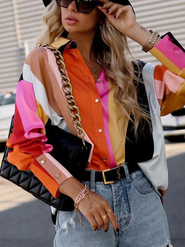 xakxx Stylish Selection Long Sleeves Loose Contrast Color Lapel Collar Blouses&Shirts Tops