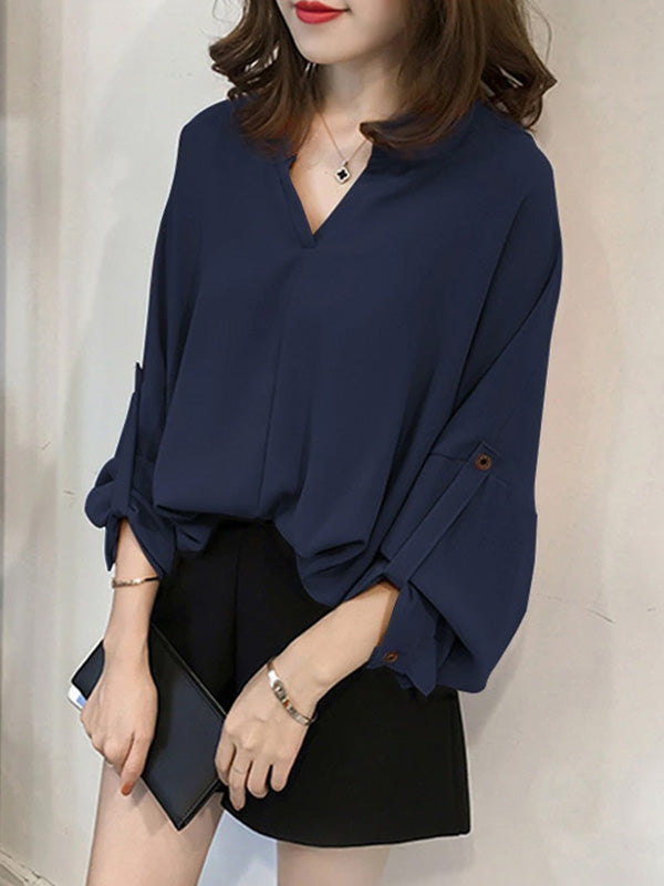 xakxx Casual Long Sleeves Loose Solid Color V-Neck Blouses&Shirts Tops