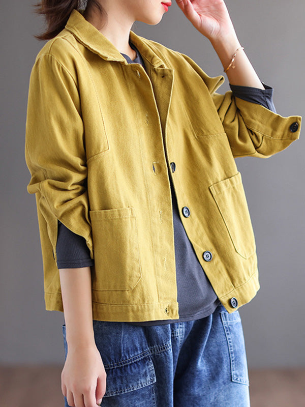 xakxx Vintage Loose Long Sleeves Buttoned Solid Color Lapel Collar Outerwear