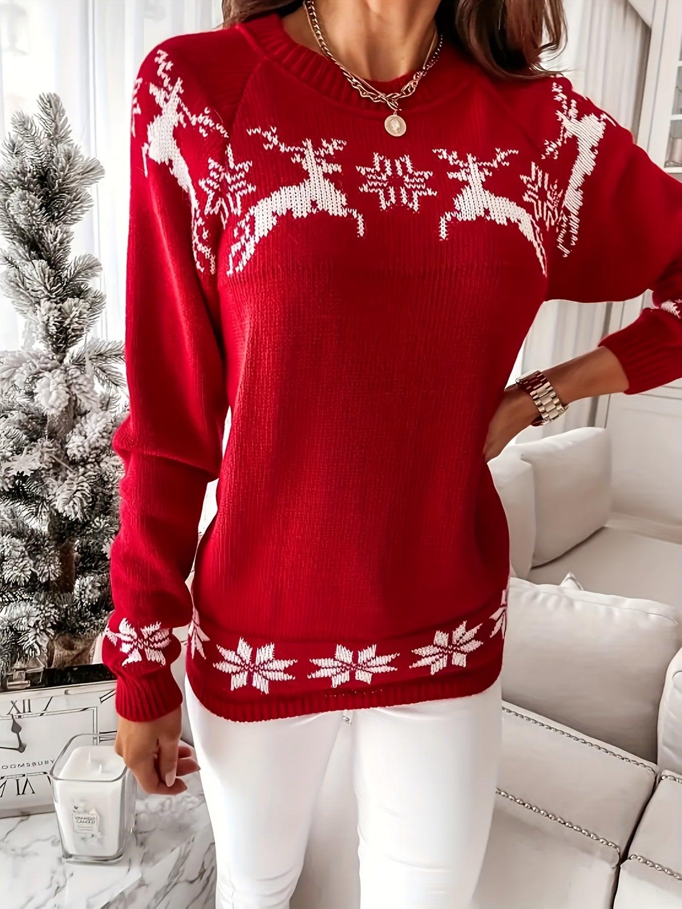 Elegant Plus Size Christmas Sweater for Women - Cozy Acrylic Knit, Long Sleeve, Crew Neck Pullover with Festive Reindeer Design