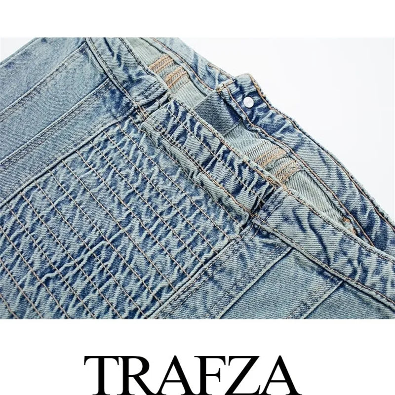 Women s Jumpsuits Rompers TRAFZA Women Chic Denim Button With Tube Top Vintage Casual Backless Elastic Force Female Streetwear Playsuits 230804