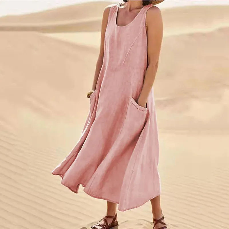 Hot Summer women Casual Dresses pocket sleeveless round neck women's cotton linen dress loose Khaki White black home outdoor skirt Big Size S-5XL 1f9 89b