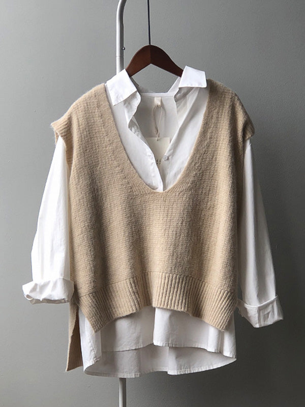 xakxx Knitting Irregularity Solid V-Neck Vest