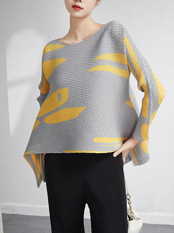 xakxx Casual Irregularity Loose Printed Pleated Round-Neck T-Shirts Tops