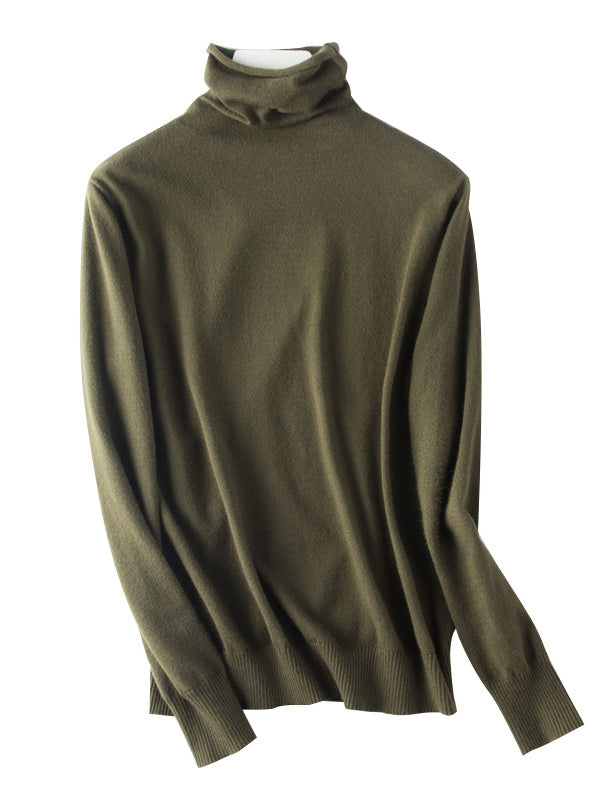 xakxx Simple Loose Long Sleeves Solid Color High-Neck Sweater Tops