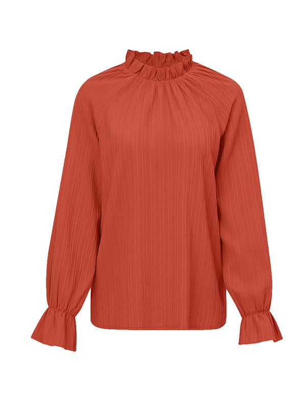 xakxx Long Sleeves Ruffle Sleeves Elasticity Ruffled Solid Color Mock Neck T-Shirts Tops
