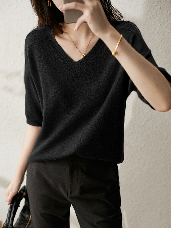 xakxx Urban Solid Color V-Neck Knitting Pullover