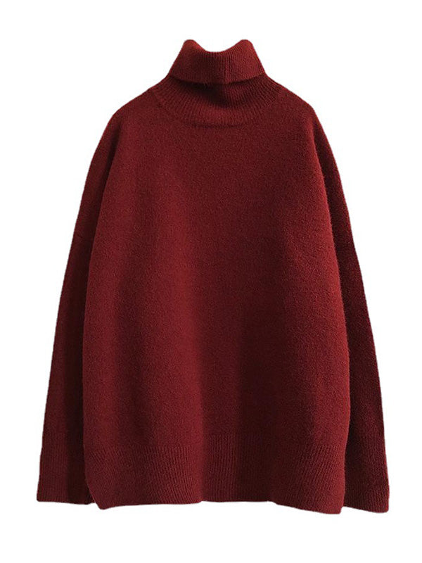 xakxx Casual Long Sleeves Loose Solid Color High-Neck Sweater Tops