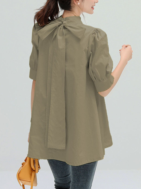 xakxx Casual Loose Bow-Embellished Solid Color Blouse
