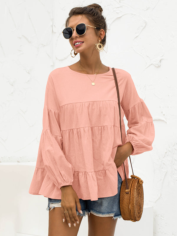 xakxx Casual Long Sleeves Puff Sleeves Solid Color Round-Neck T-Shirts Tops
