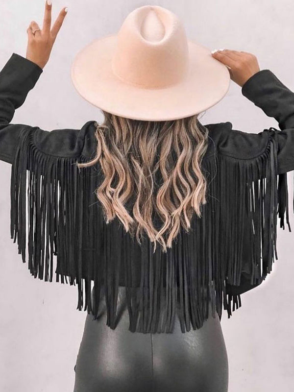 xakxx Long Sleeves Solid Color Split-Joint Tasseled Notched Collar Jackets