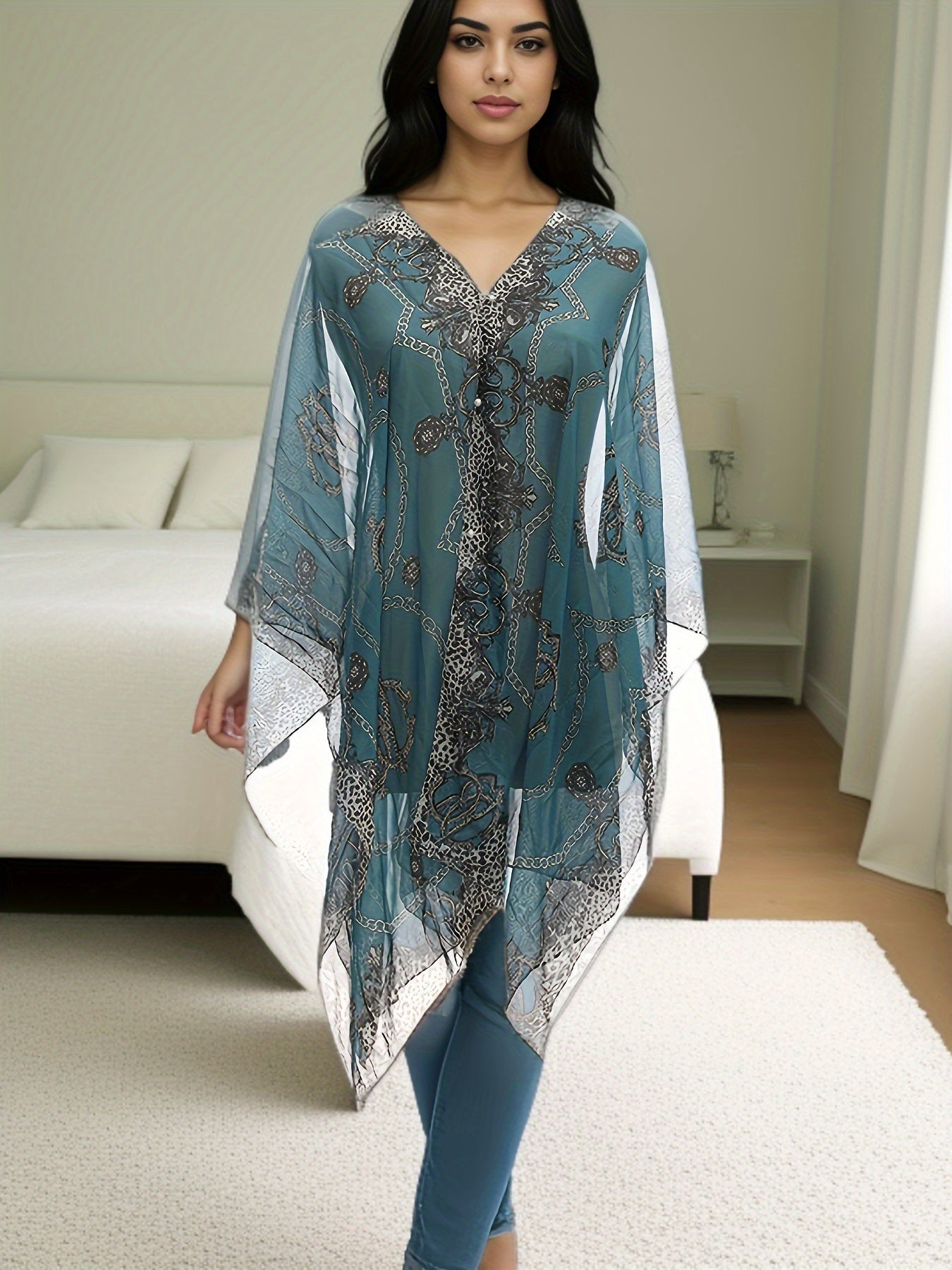 Plus Size Elegant V Neck Shawl Top - Long Sleeve, Semi-Sheer, Positioning Printed, Middle East Style, Woven Polyester Blouse for Spring, Summer, and Fall - Chic Womens Clothing for Curvy Figures